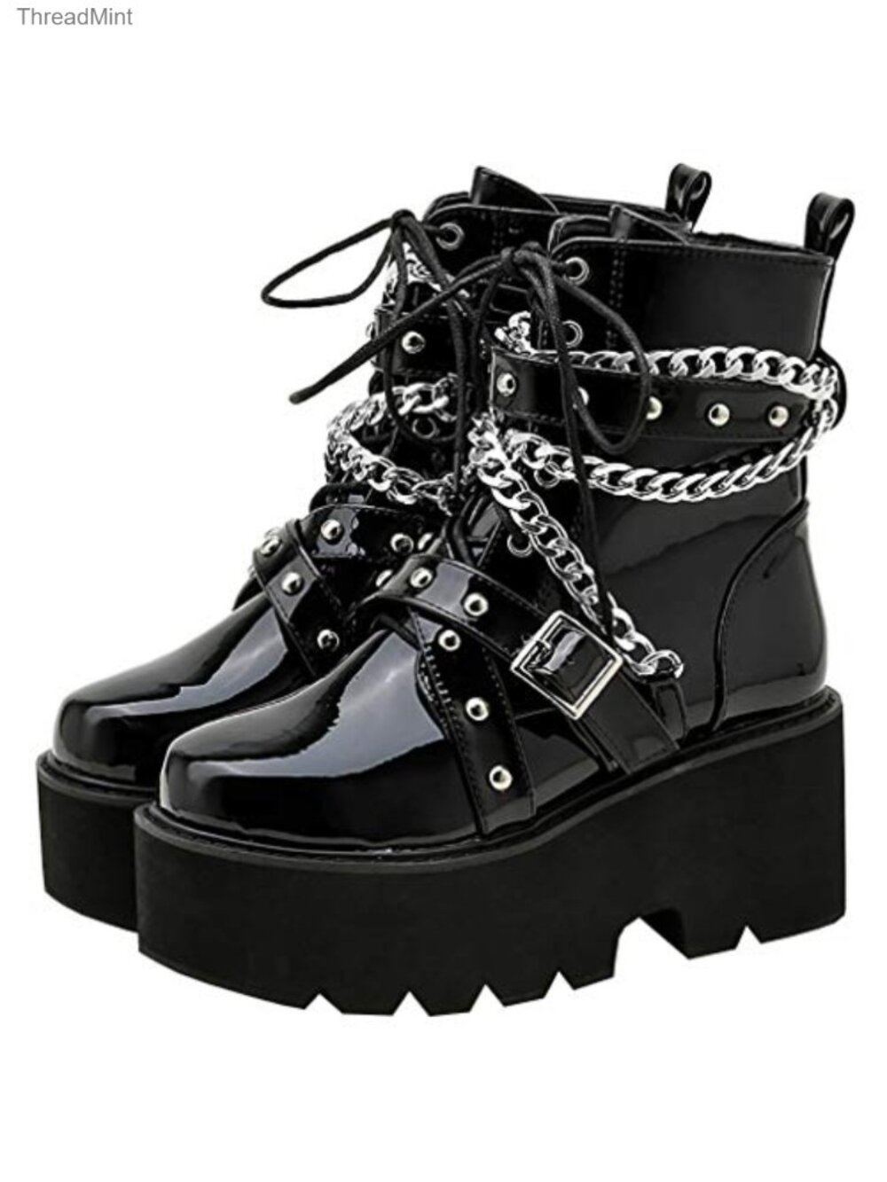 Patent Leather Goth Combat Ankle Boots Platform Chunky Punk Side Zip
